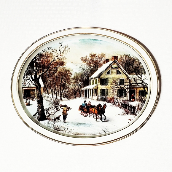 Set Of 4 Vintage Currier And Ives 1868 Oval Tin Metal Trays - Picture 3 of 14